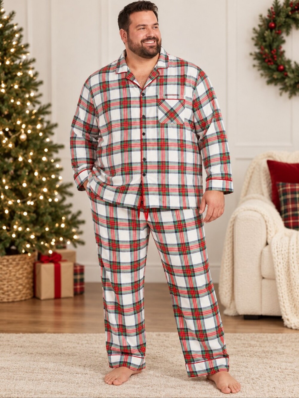 Wondershop Tartan Plaid Cotton Flannel Pajama Set Plus Size 3XL White Red Green